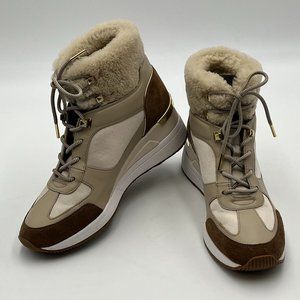 MICHAEL KORS Liv Wedge Booties, Fur, Beige and Tan Colors, Gold Metal Details